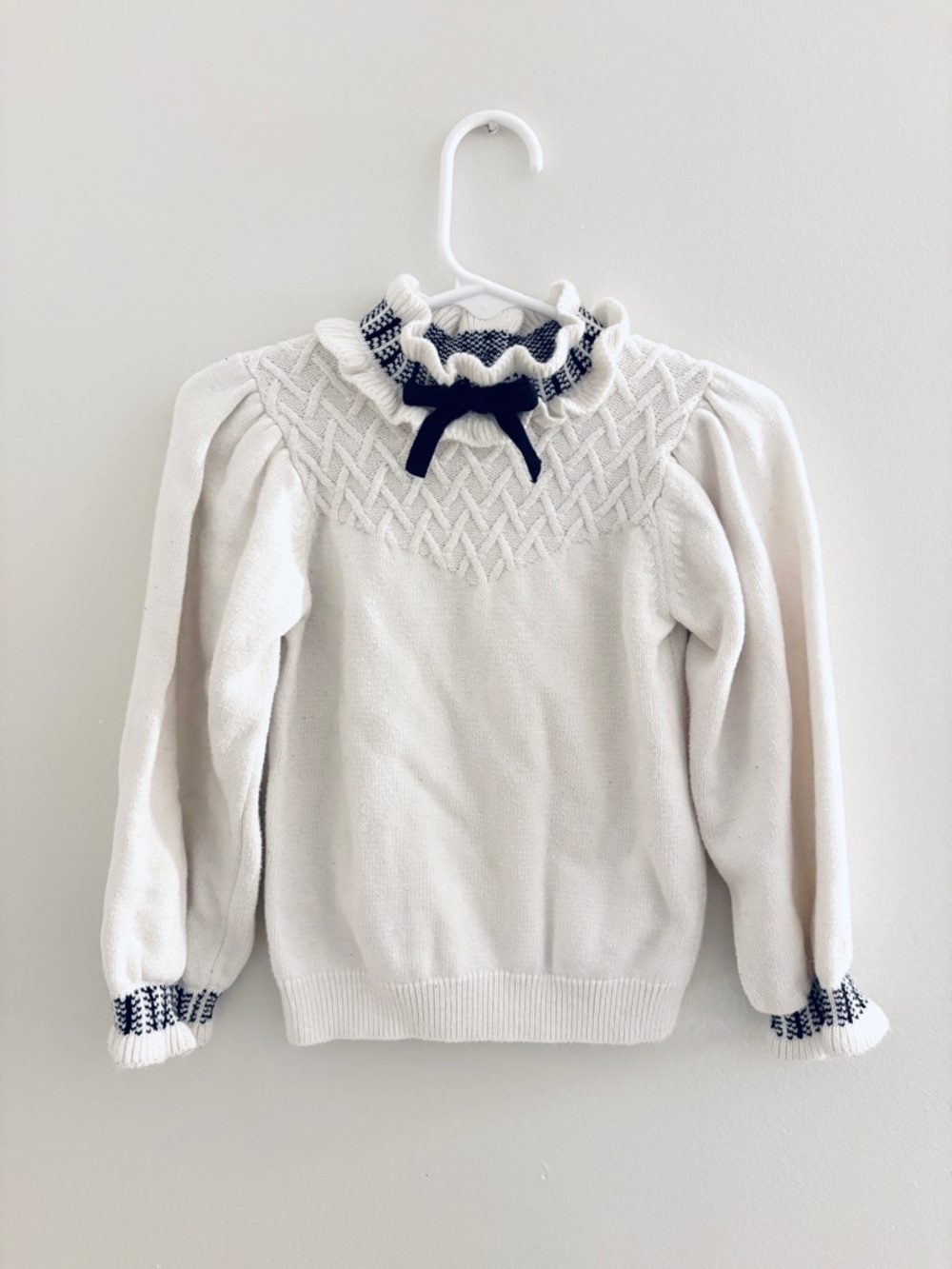Janie and Jack Kids Cream Cable-Knit Sweater with Frill Collar, Size 3